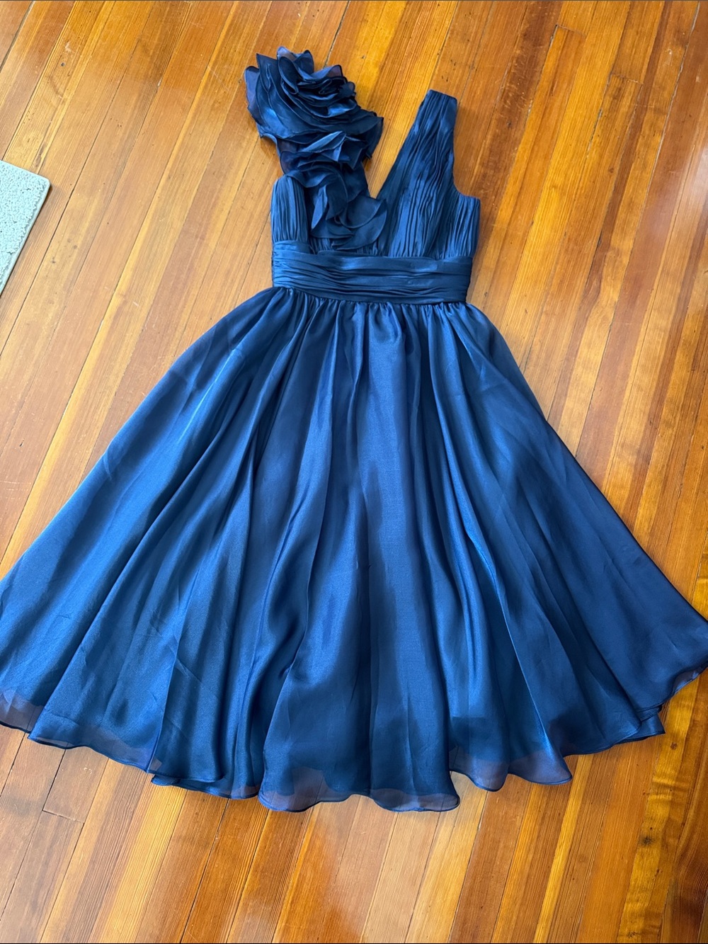 Mac Duggal Navy Sleeveless Chiffon A-Line Tea Length Cocktail Dress Size 4 NWOT